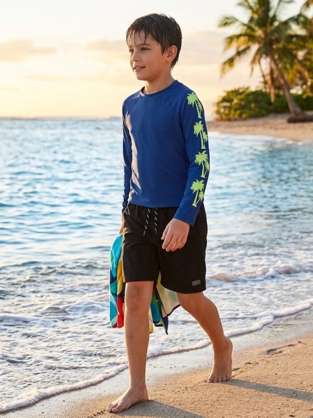 Kids Long Sleeve Rash Guard Swim Shirt - Blue with Neon Palm Print - Black Short